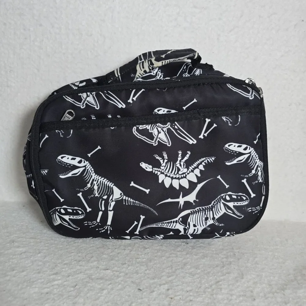 Black Backpack White T-Rex Dinosaur Skeleton Pattern And Matching Lunchbox